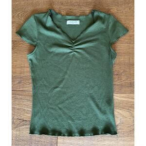 ANGIE Girls Olive Green Ribbed V-Neck Top Cinch Front Lettuce Trim Size L Boho